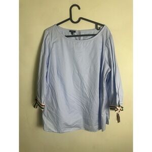 Talbots Top Womens Sz 1X PetiteBlue Boat Neck Striped Tie Sleeve Accent Side Zip